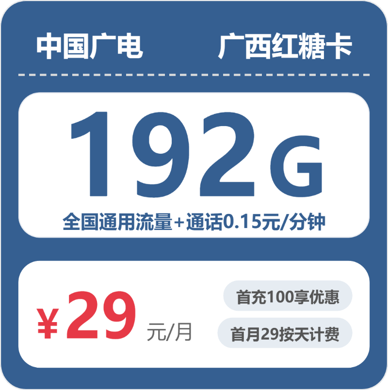 广电广西红糖卡29元包192G+0.15元/分钟