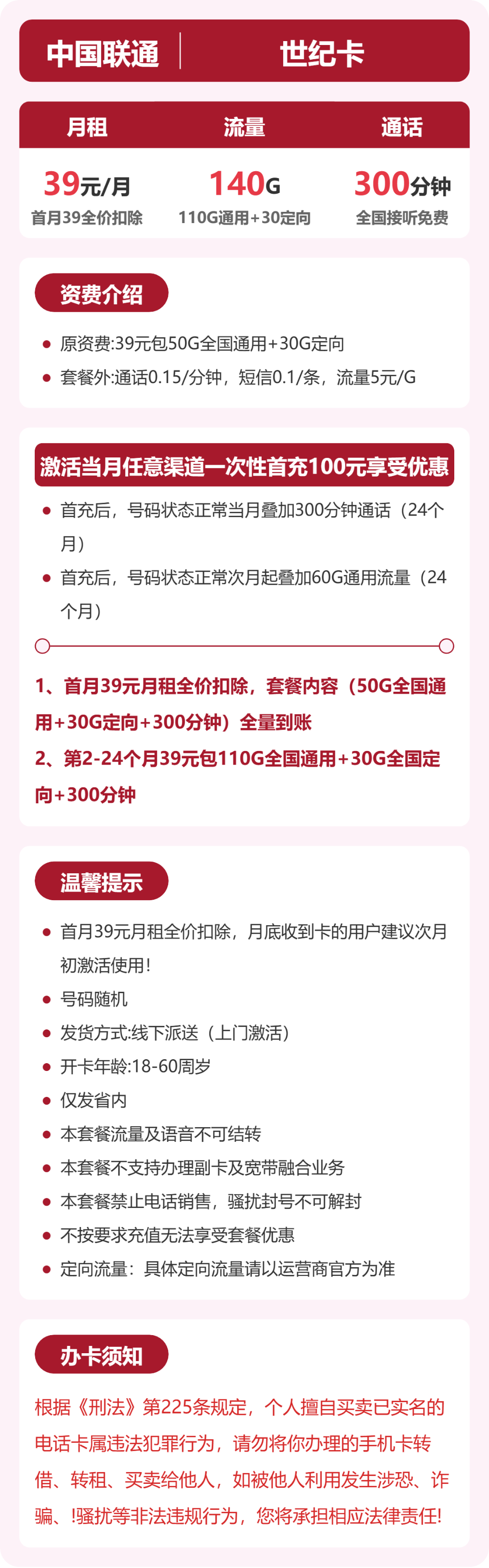 联通省内世纪卡39元包140G+300分钟