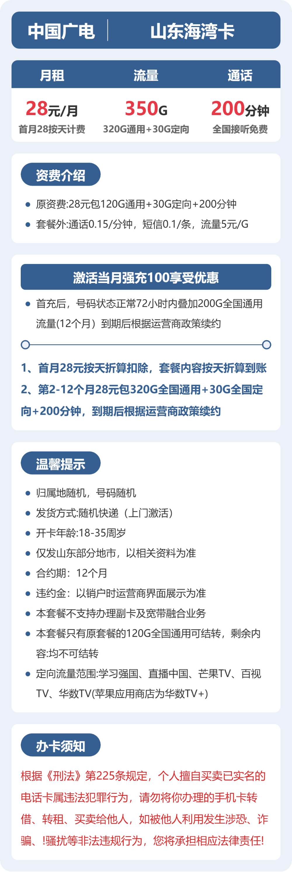 广电山东海湾卡28元包350G+200分钟