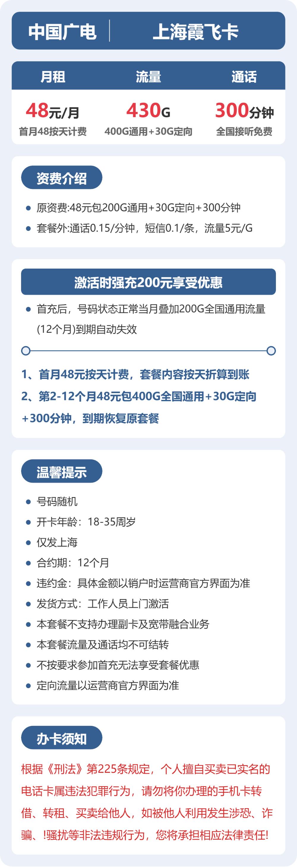 广电上海霞飞卡48元包430G+300分钟