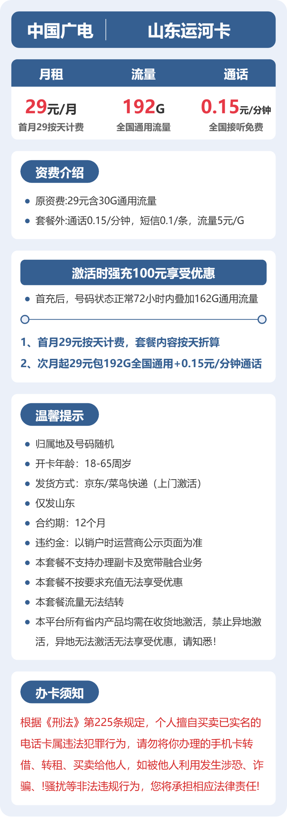 广电山东运河卡29元包192G+0.15元/分钟