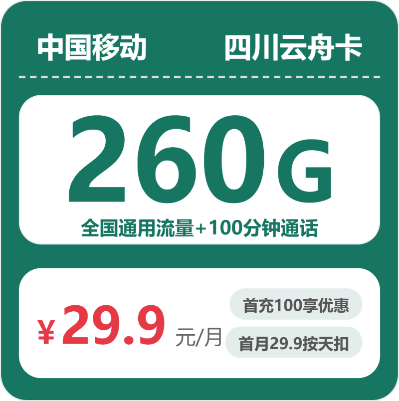 移动四川云舟卡29.9元包260G+100分钟