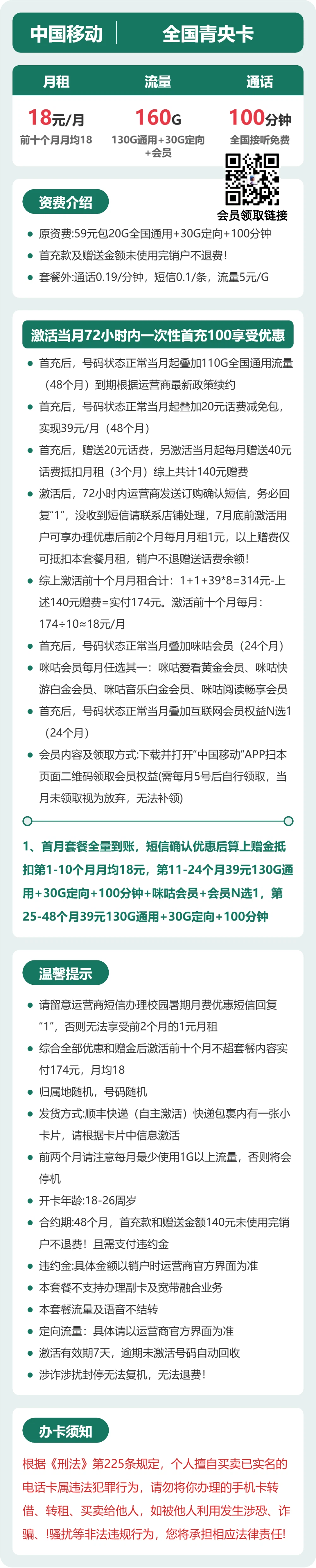 移动全国青央卡18元包160G+100分钟+会员