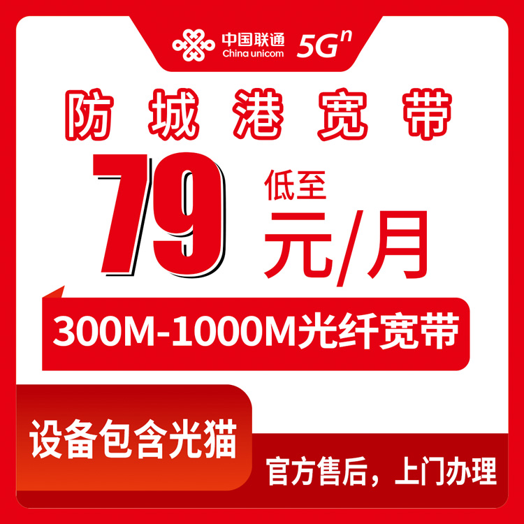 联通广西防城港宽带卡79-139元300-1000M50-200G+500-800分钟融合宽带套餐