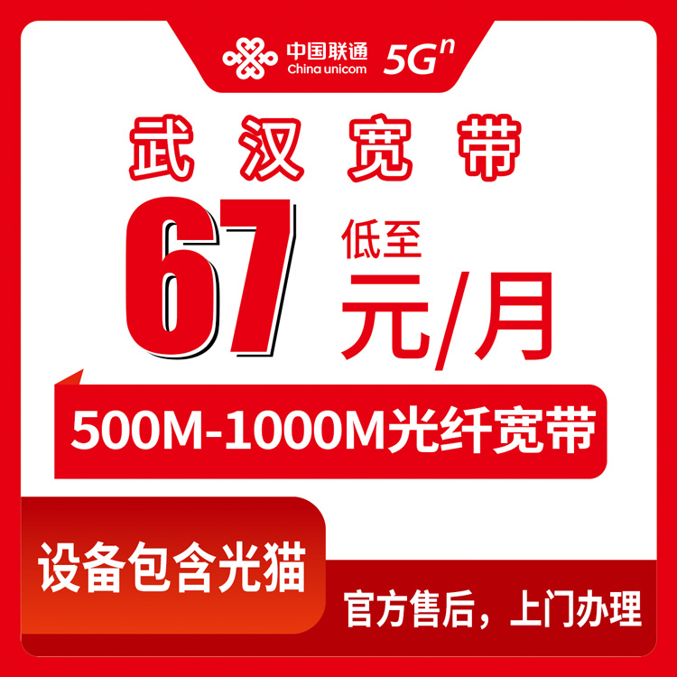 联通湖北武汉宽带卡67-119元500-1000M30-120G+500-1000分钟融合宽带套餐