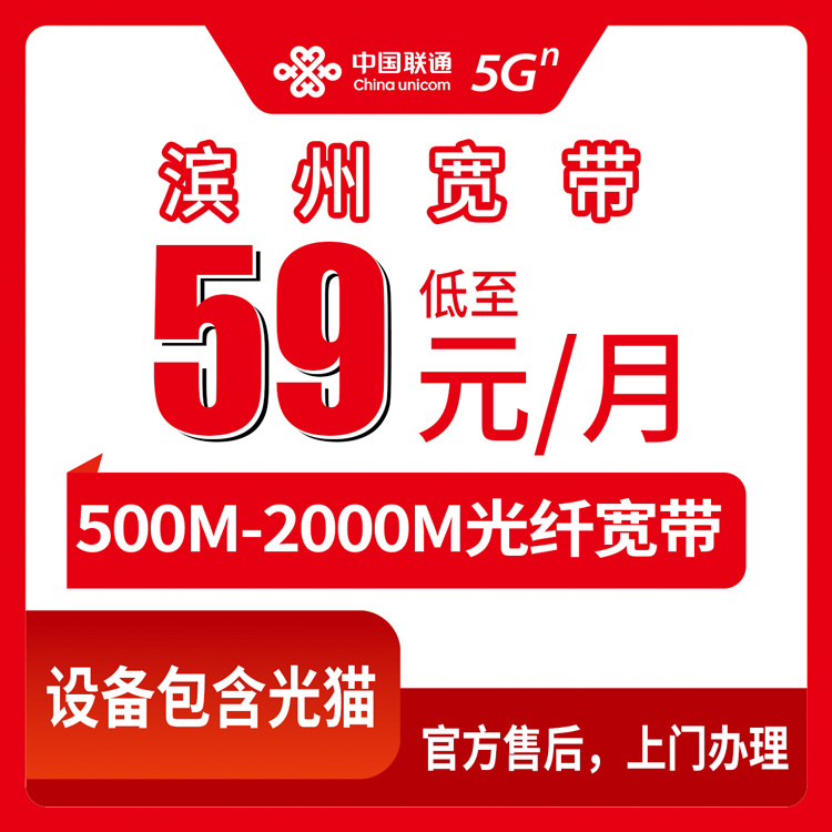 联通山东滨州宽带卡59-119元500-2000M20-130G+500-1500分钟融合宽带套餐
