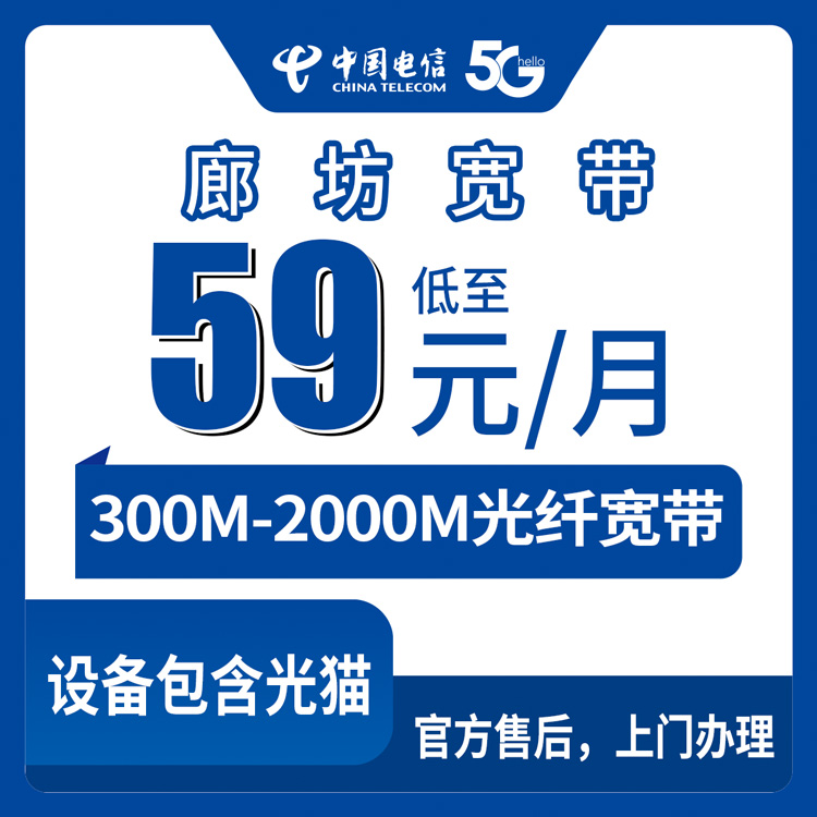 电信河北廊坊宽带卡59-199元300-2000M50-200G+300-1200分钟融合宽带套餐