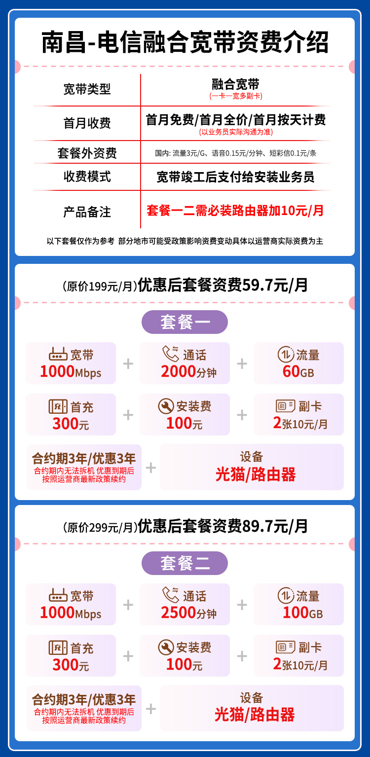 电信江西南昌宽带卡59.7-89.7元1000M60-100G+2000-2500分钟融合宽带套餐(路由器必装）