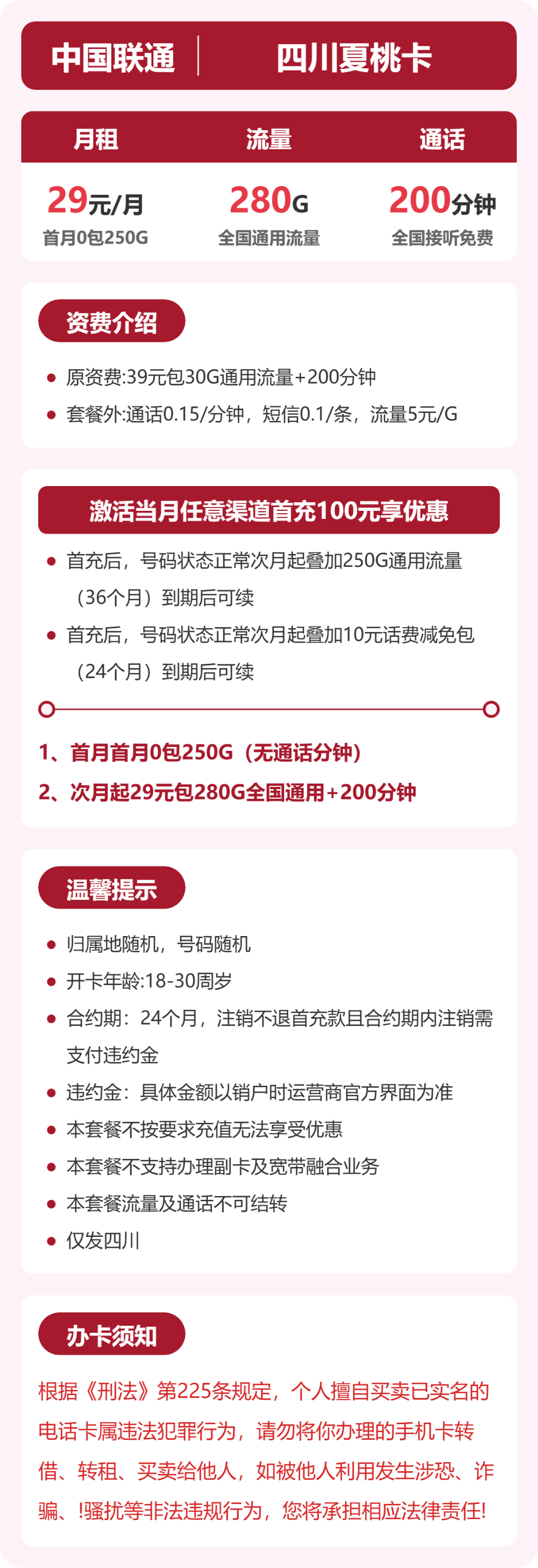联通四川夏桃卡29元包280G+200分钟