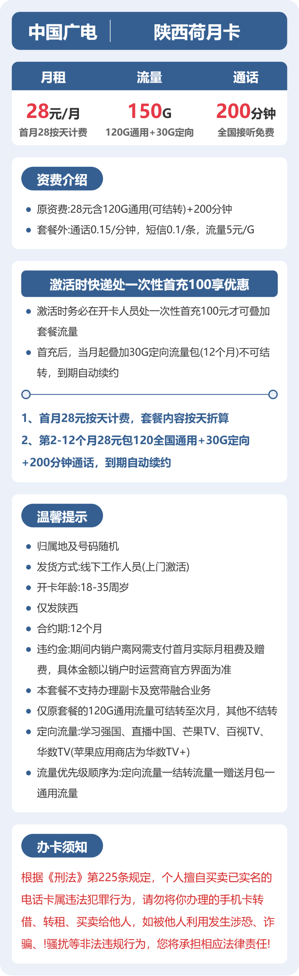 广电陕西荷月卡28元包150G+200分钟