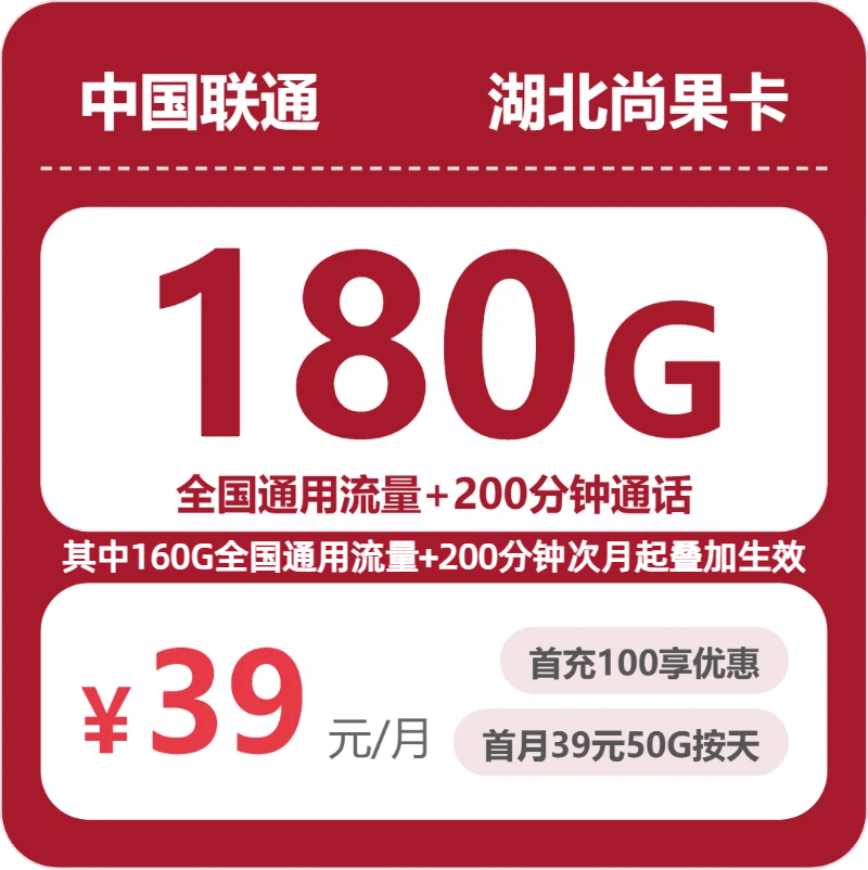 联通湖北尚果卡39元包180G+200分钟