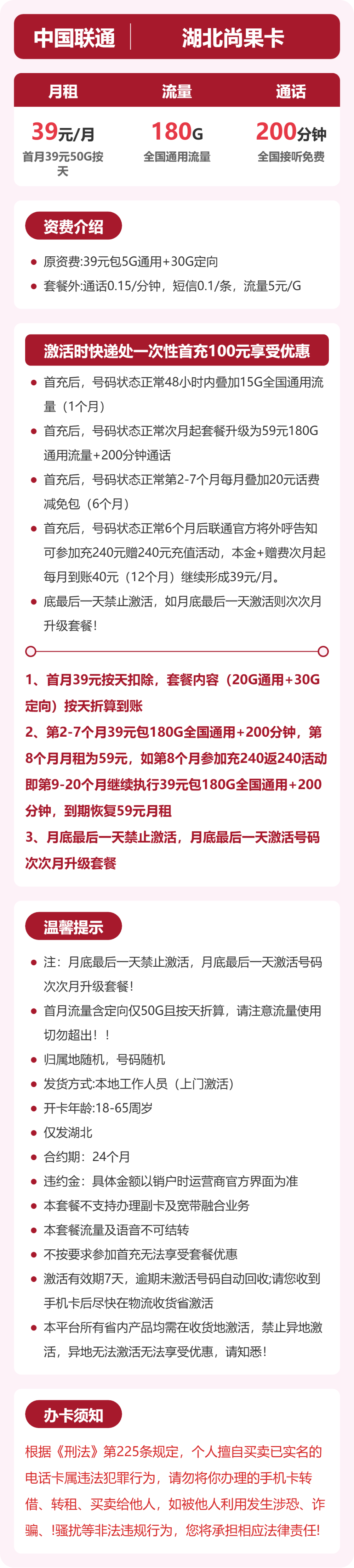 联通湖北尚果卡39元包180G+200分钟