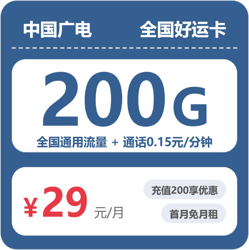 广电全国好运卡29元包200G+0.15元/分钟