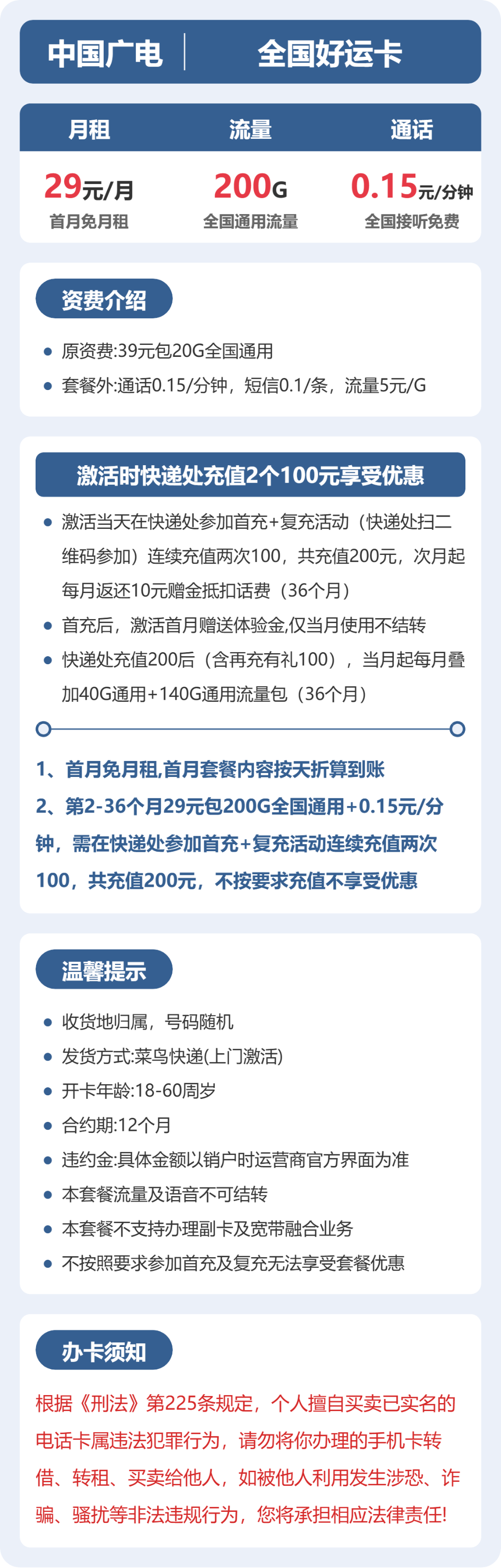 广电全国好运卡29元包200G+0.15元/分钟