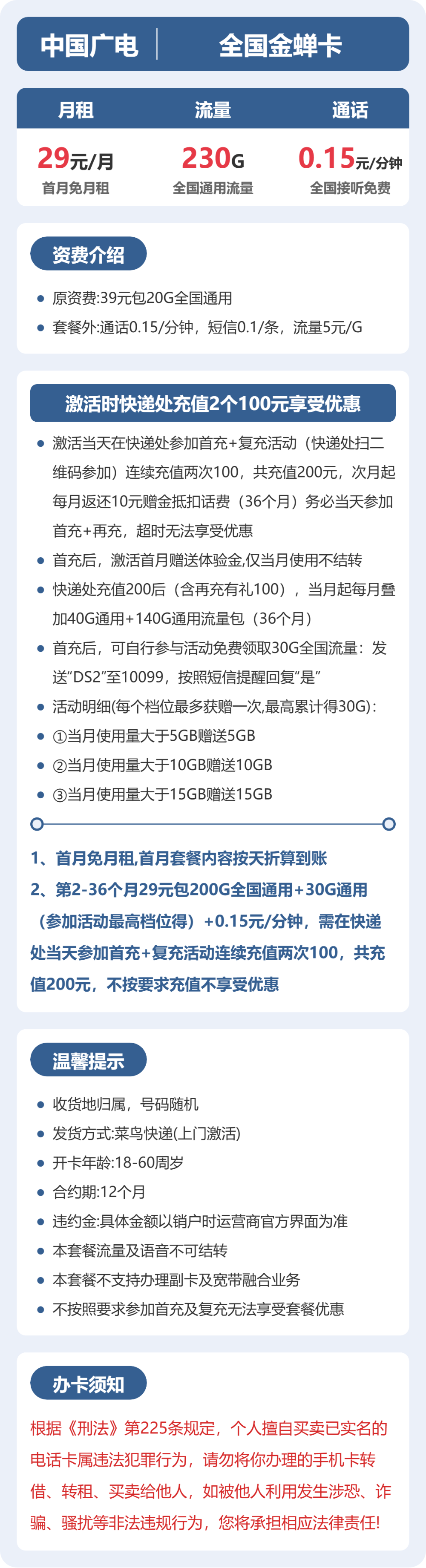 广电全国金蝉卡29元包230G+0.15元/分钟
