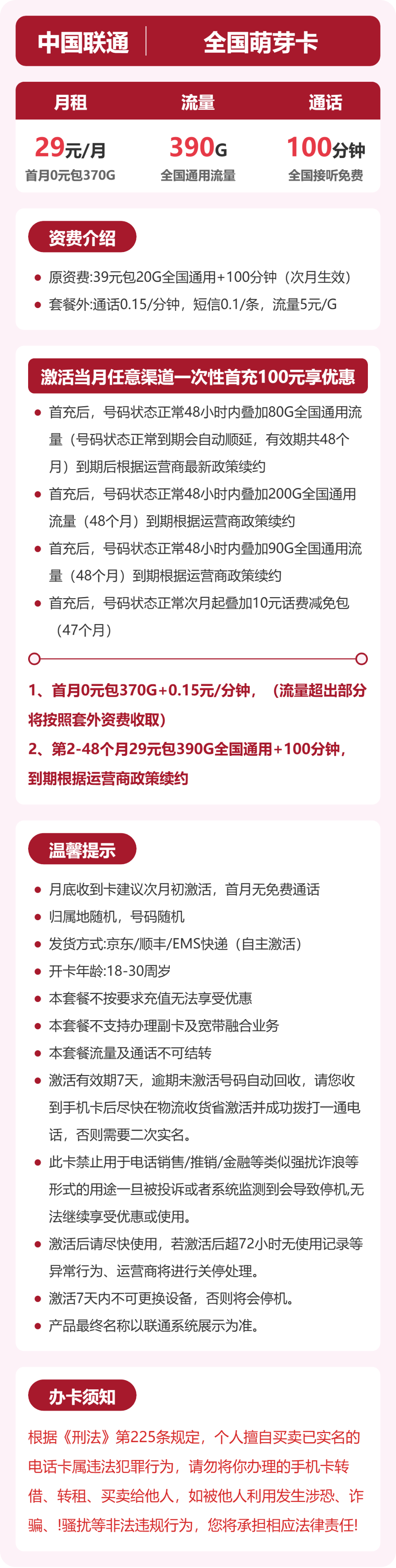 联通全国萌芽卡29元包390G+100分钟