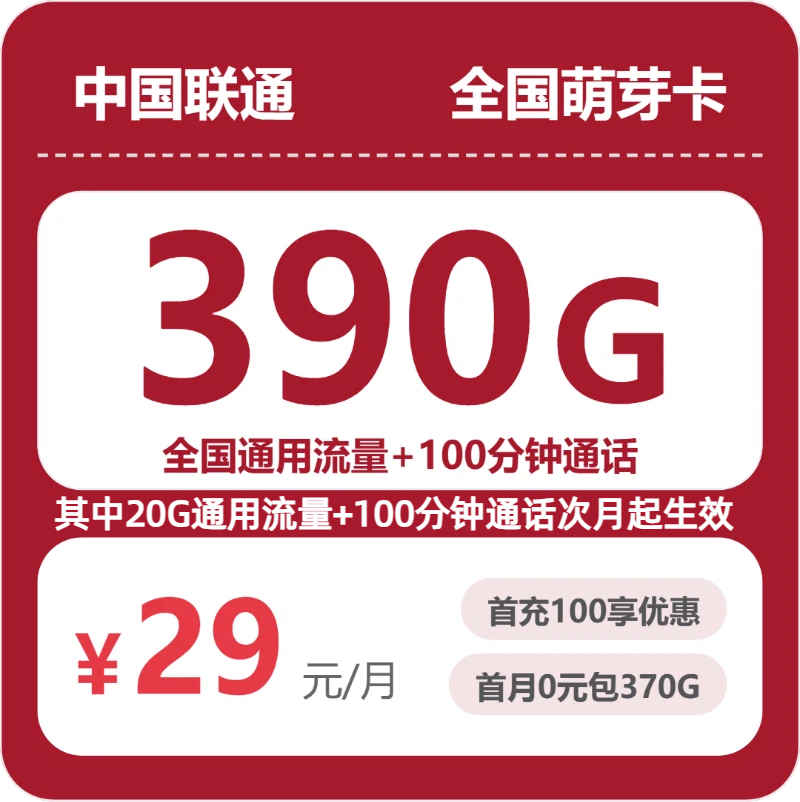 联通全国萌芽卡29元包390G+100分钟