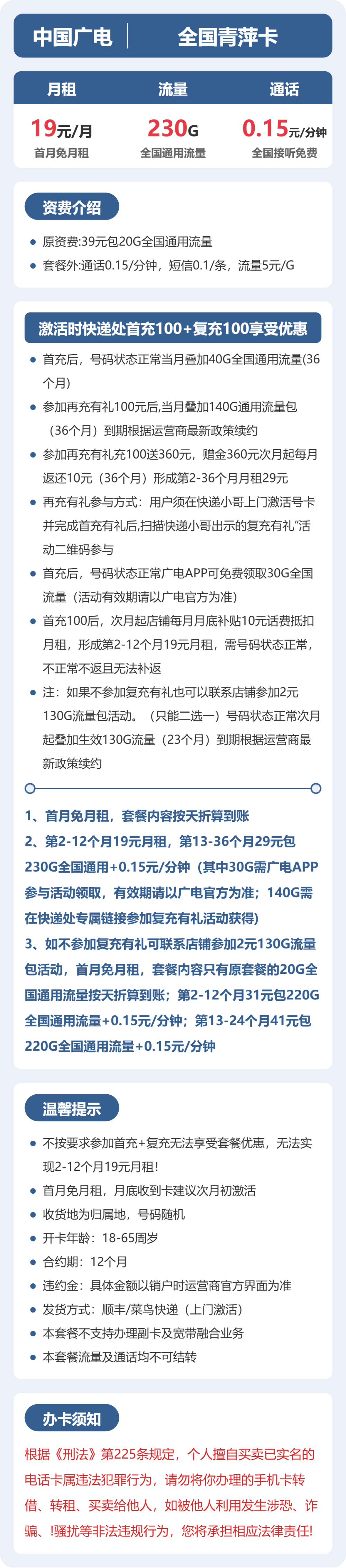广电全国青萍卡19元包230G+0.15元/分钟