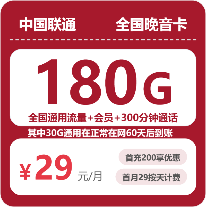 联通全国晚音卡29元包180G+200分钟