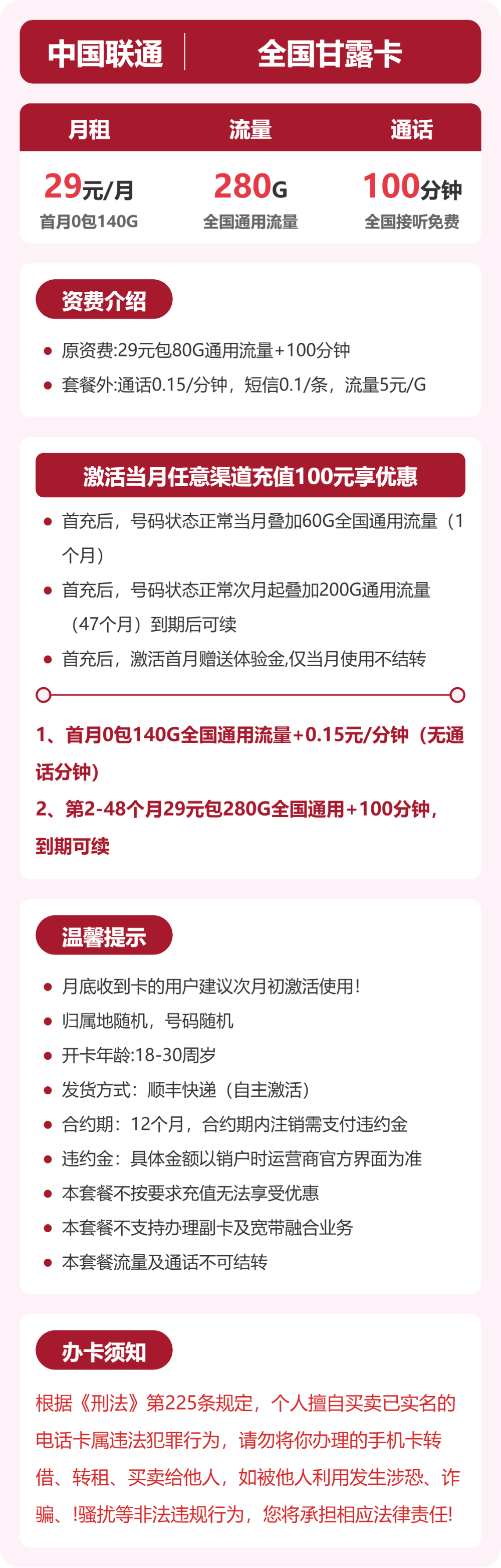 联通全国甘露卡29元包280G+100分钟