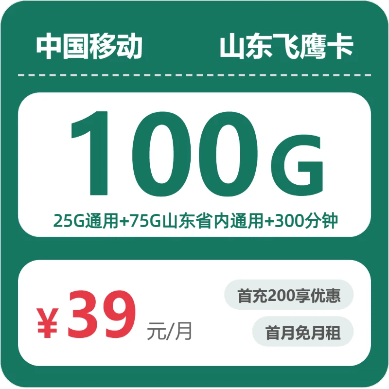移动山东飞鹰卡39元包100G+300分钟